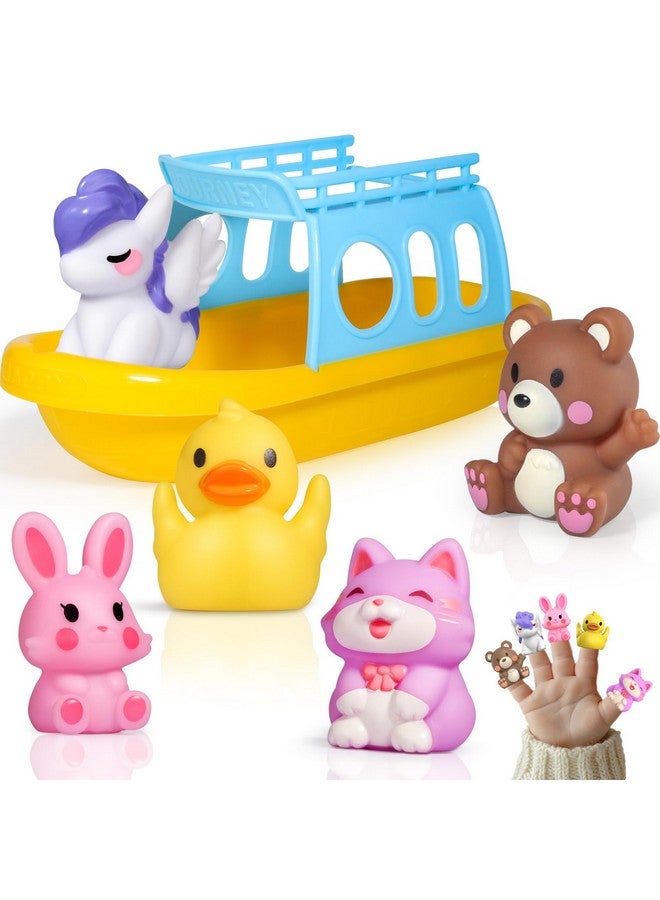 Oriate Bath Boat Toys, Finger Puppets for Kids, 5 PCS Rubber Duck Finger Puppets and 1 Boat, Sensory Learning Toy Set in The Bathtub, Pool, Beach - Image 1
