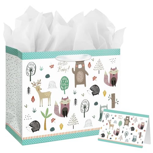 Laidans 13" Large Baby Gift Bag with Card and Tissue Paper for Baby Shower,Kids Birthday (Woodland Animal) - Image 1