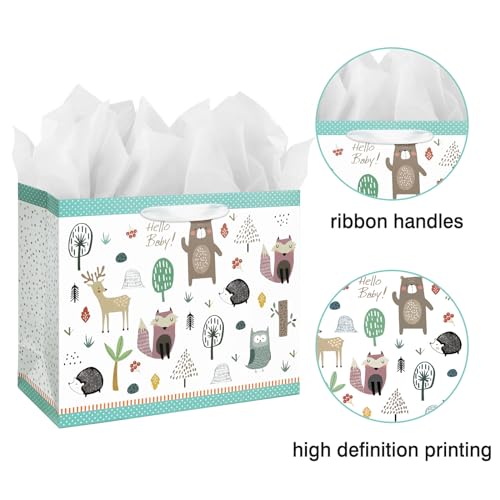 Laidans 13" Large Baby Gift Bag with Card and Tissue Paper for Baby Shower,Kids Birthday (Woodland Animal) - Image 4