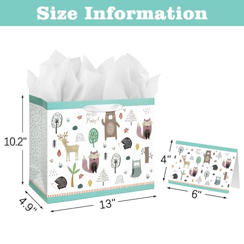 Laidans 13" Large Baby Gift Bag with Card and Tissue Paper for Baby Shower,Kids Birthday (Woodland Animal) - Image 2