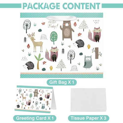 Laidans 13" Large Baby Gift Bag with Card and Tissue Paper for Baby Shower,Kids Birthday (Woodland Animal) - Image 3