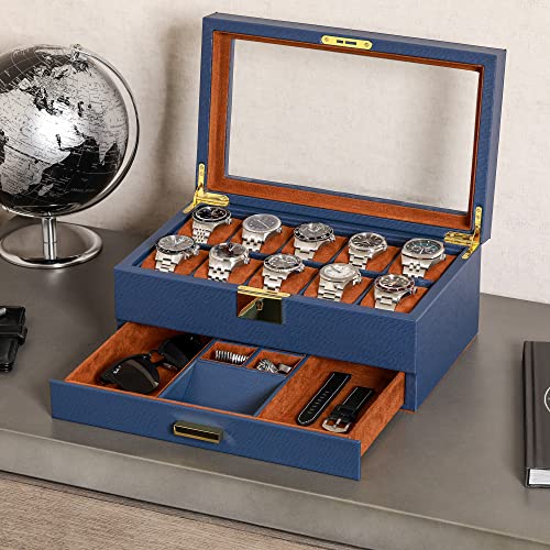 ROTHWELL 10-Slot Watch Box in Leather with Valet Drawer, Luxury Watch Case Display Organizer with Ultra Soft Microsuede Liner, Jewelry and Sunglass Holder With Large Glass top (Blue/Tan) - Image 3
