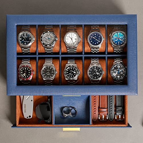 ROTHWELL 10-Slot Watch Box in Leather with Valet Drawer, Luxury Watch Case Display Organizer with Ultra Soft Microsuede Liner, Jewelry and Sunglass Holder With Large Glass top (Blue/Tan) - Image 4