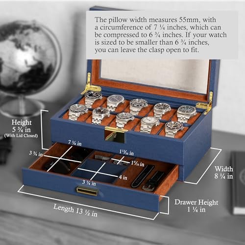 ROTHWELL 10-Slot Watch Box in Leather with Valet Drawer, Luxury Watch Case Display Organizer with Ultra Soft Microsuede Liner, Jewelry and Sunglass Holder With Large Glass top (Blue/Tan) - Image 2