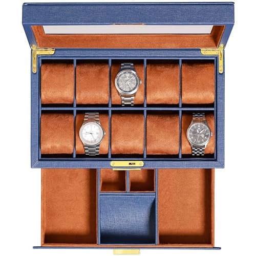 ROTHWELL 10-Slot Watch Box in Leather with Valet Drawer, Luxury Watch Case Display Organizer with Ultra Soft Microsuede Liner, Jewelry and Sunglass Holder With Large Glass top (Blue/Tan) - Image 1