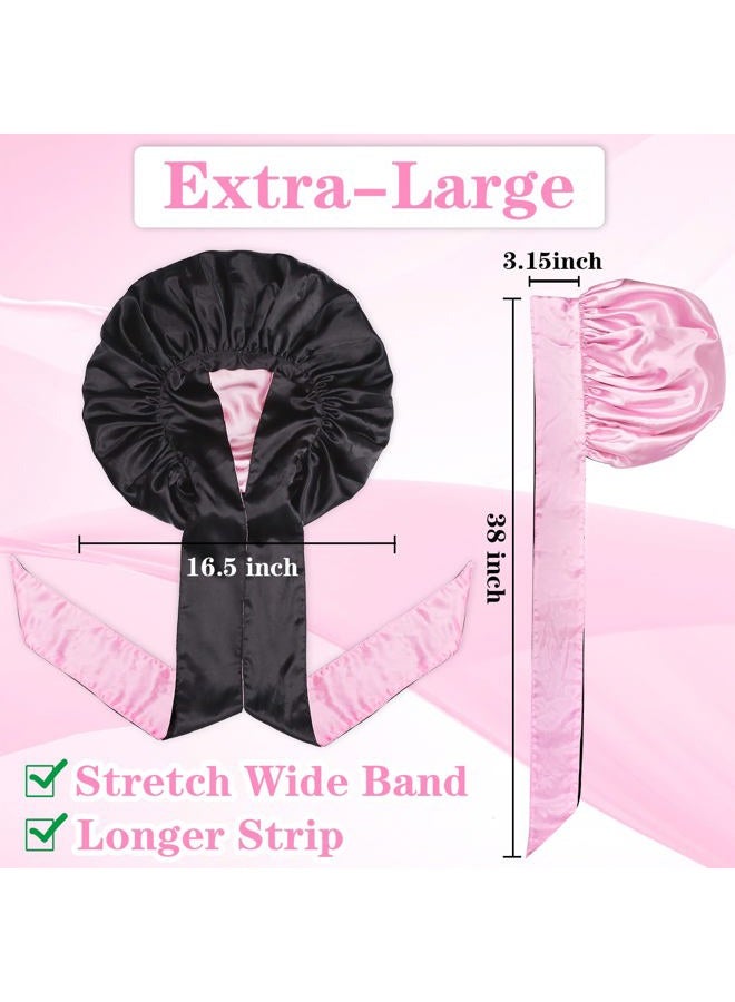 JEFHOMKIT Jumbo Bonnet,Reversible Double Layer Satin Bonnet for Black Women,Adjustable Extra Large Sleeping Satin Lined Bonnet,Silk Bonnet Night Cap with Wide Tie Band for Braids Long Curly Hair(Black Pink) - Image 3