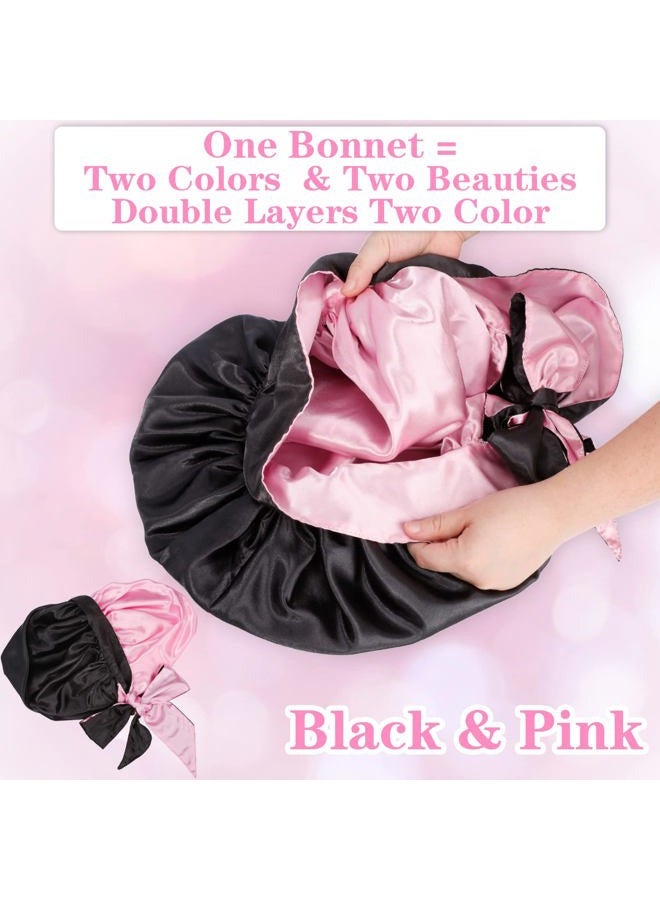 JEFHOMKIT Jumbo Bonnet,Reversible Double Layer Satin Bonnet for Black Women,Adjustable Extra Large Sleeping Satin Lined Bonnet,Silk Bonnet Night Cap with Wide Tie Band for Braids Long Curly Hair(Black Pink) - Image 2