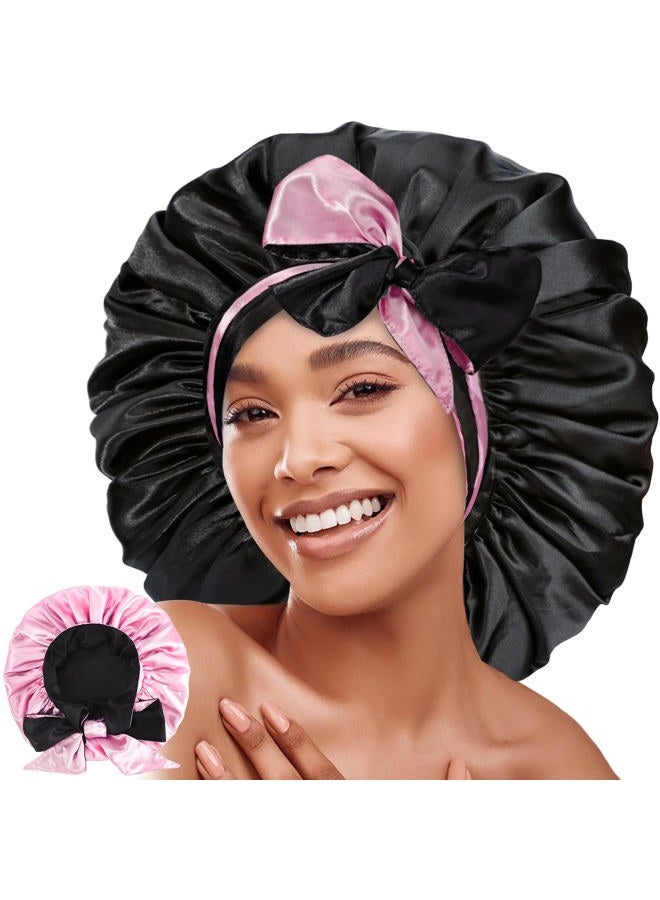 JEFHOMKIT Jumbo Bonnet,Reversible Double Layer Satin Bonnet for Black Women,Adjustable Extra Large Sleeping Satin Lined Bonnet,Silk Bonnet Night Cap with Wide Tie Band for Braids Long Curly Hair(Black Pink) - Image 1