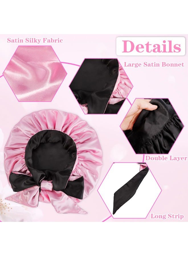 JEFHOMKIT Jumbo Bonnet,Reversible Double Layer Satin Bonnet for Black Women,Adjustable Extra Large Sleeping Satin Lined Bonnet,Silk Bonnet Night Cap with Wide Tie Band for Braids Long Curly Hair(Black Pink) - Image 5