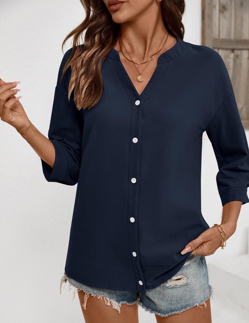 LOMON 3/4 Sleeve Button Down Blouses Cotton Short Sleeve Shirts V Neck Casual Loose Guaze Tops Navy Blue XL - Image 5
