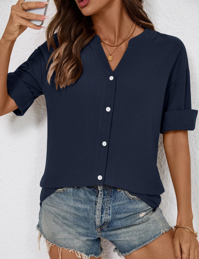 LOMON 3/4 Sleeve Button Down Blouses Cotton Short Sleeve Shirts V Neck Casual Loose Guaze Tops Navy Blue XL - Image 4
