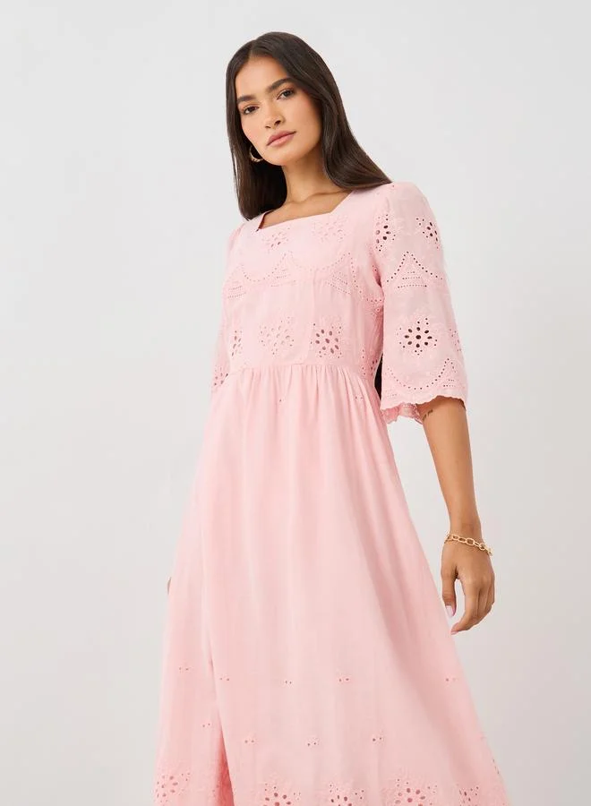 Take Two Take Two Solid Embroidered Short Sleeve Midi Dress