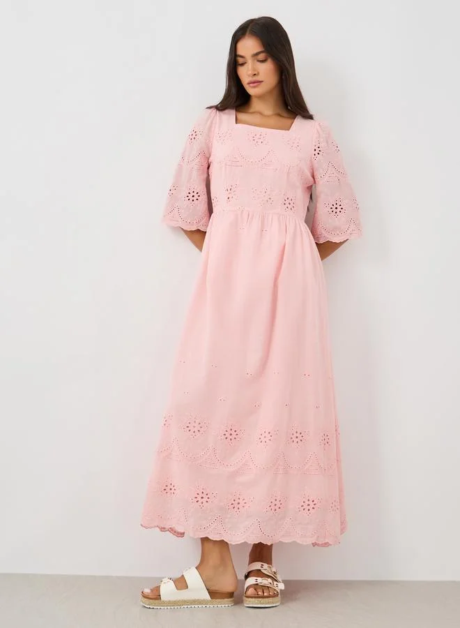 Take Two Take Two Solid Embroidered Short Sleeve Midi Dress