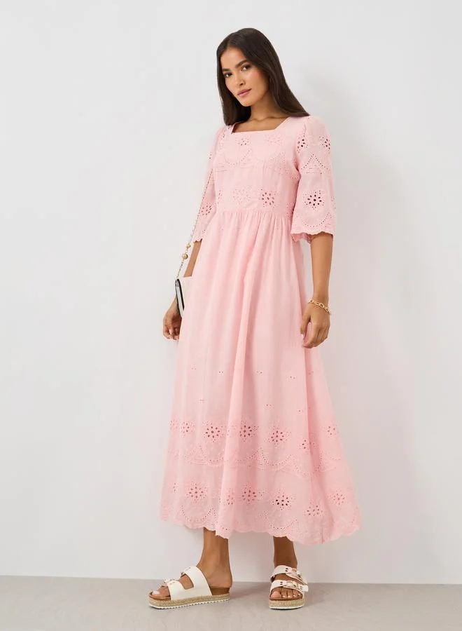 Take Two Take Two Solid Embroidered Short Sleeve Midi Dress