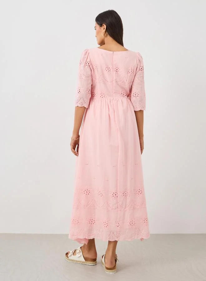 Take Two Take Two Solid Embroidered Short Sleeve Midi Dress
