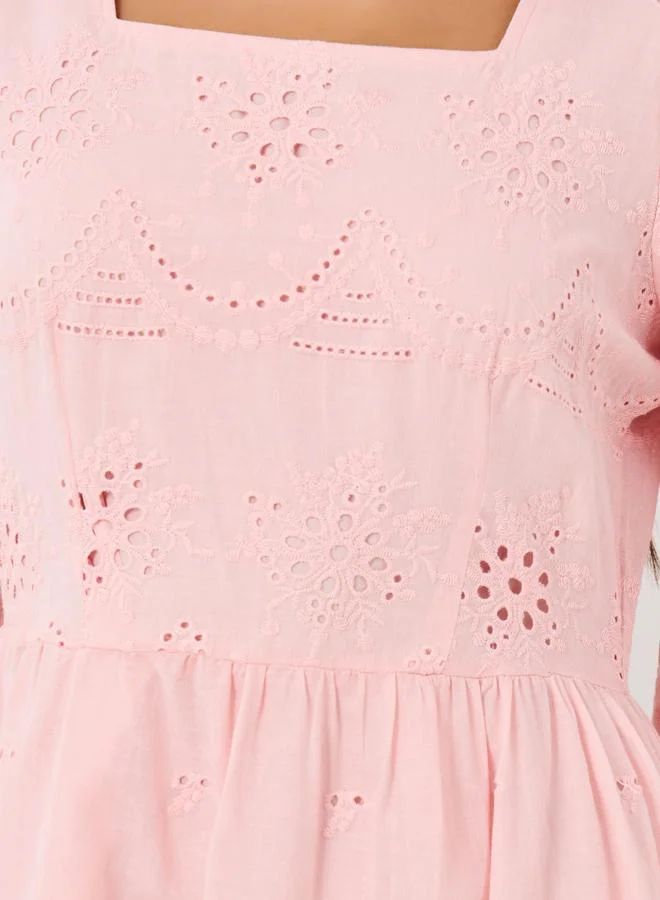 Take Two Take Two Solid Embroidered Short Sleeve Midi Dress