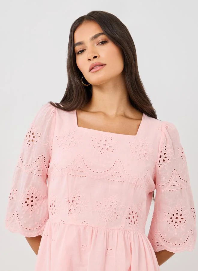 Take Two Take Two Solid Embroidered Short Sleeve Midi Dress
