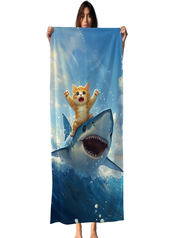 FIicy Funny Cat Shark Beach Towel, Coastal Ocean Cats Pool Towels, Cat Shark Lovers Gifts Large Beach Bath Travel Towels for Kids Girls Boys, Funny Cats Sharks Bathroom Accessories Decor, 30x60in - Image 1