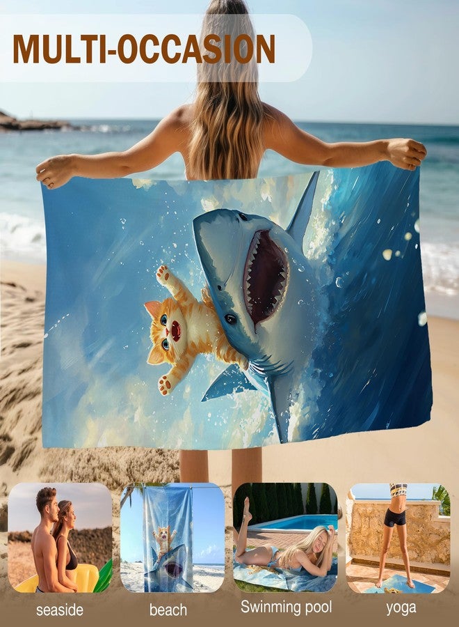 FIicy Funny Cat Shark Beach Towel, Coastal Ocean Cats Pool Towels, Cat Shark Lovers Gifts Large Beach Bath Travel Towels for Kids Girls Boys, Funny Cats Sharks Bathroom Accessories Decor, 30x60in - Image 5