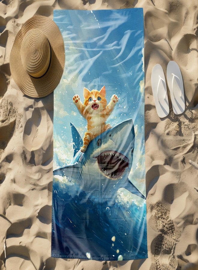 FIicy Funny Cat Shark Beach Towel, Coastal Ocean Cats Pool Towels, Cat Shark Lovers Gifts Large Beach Bath Travel Towels for Kids Girls Boys, Funny Cats Sharks Bathroom Accessories Decor, 30x60in - Image 2