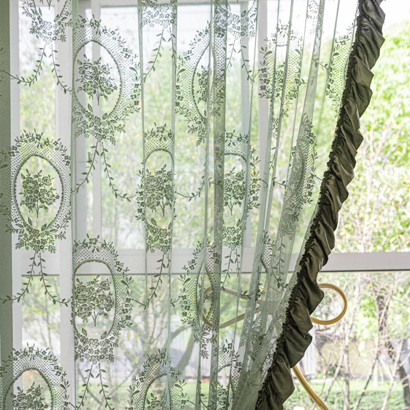 Deeprove Olive Green Boho Lace Curtains 84 Inch Long 2 Panels, Rustic Ruffled Flowy Cute Sheer for Bedroom Living Nursery Room Cottage Bohemian Chic Privacy Xmas Window Decor, W57 x L84 - Image 2