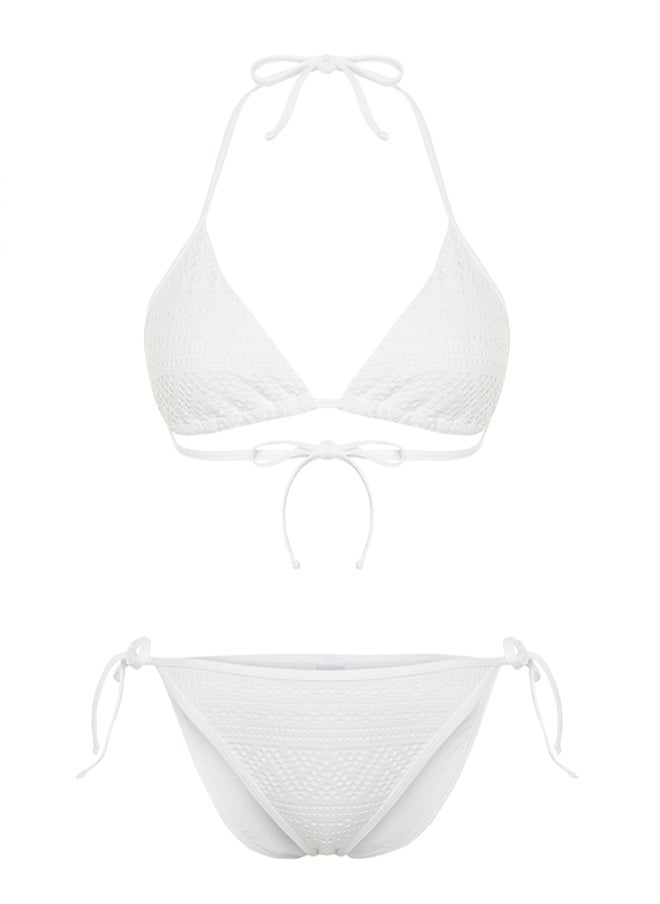 White Triangle Tie Textured Regular Bikini Set