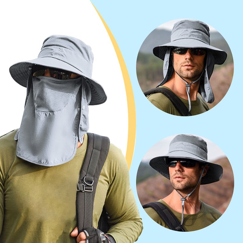 Outrip Fishing Hat for Men & Women, Outdoor UV Sun Protection Wide Brim Hat with Face Cover & Neck Flap Grey - Image 4