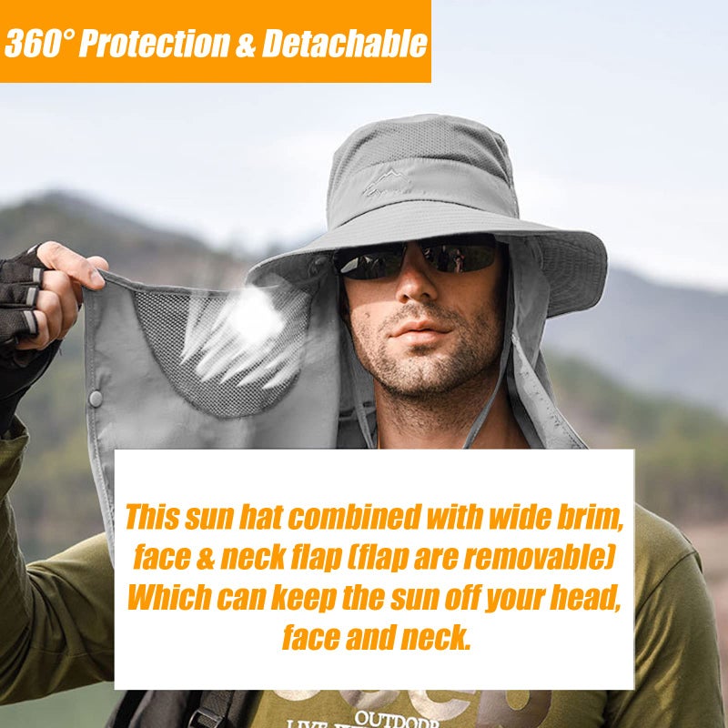 Outrip Fishing Hat for Men & Women, Outdoor UV Sun Protection Wide Brim Hat with Face Cover & Neck Flap Grey - Image 3