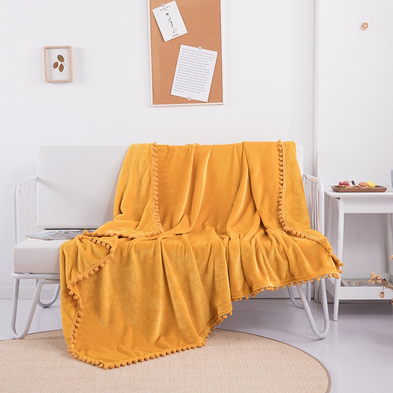 Fringe Pom-Pom Flannel Throw Blanket Solid Color Yellow 