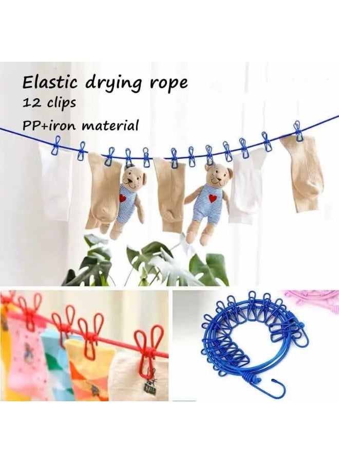 SAFENHAND Portable Elastic Windproof Clothesline with 12 Clips for Indoor & Outdoor Laundry Drying, Easy Cotton Woven Clothes Hanger Multi Color - Image 2