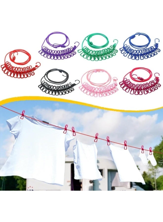 SAFENHAND Portable Elastic Windproof Clothesline with 12 Clips for Indoor & Outdoor Laundry Drying, Easy Cotton Woven Clothes Hanger Multi Color - Image 1