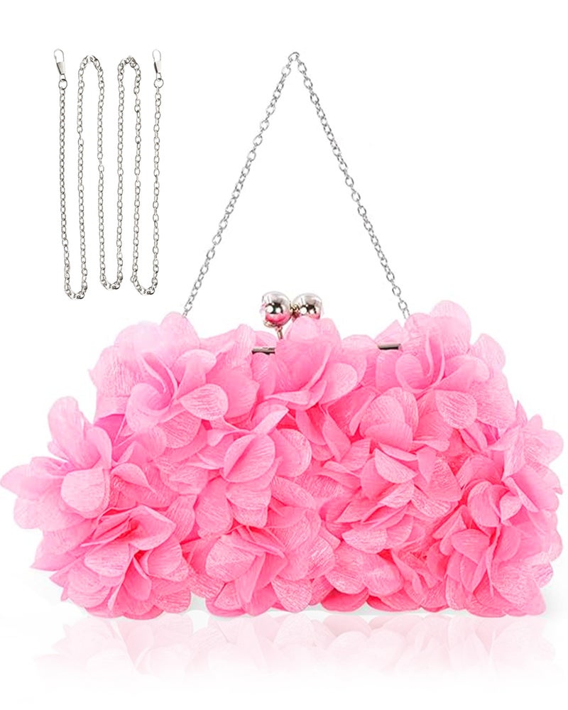 JAMBHALA Women Elegant Evening Purse, Small Floral Clutch Bag with Detachable Chain for Wedding, Party, Prom (HotPink) - Image 1