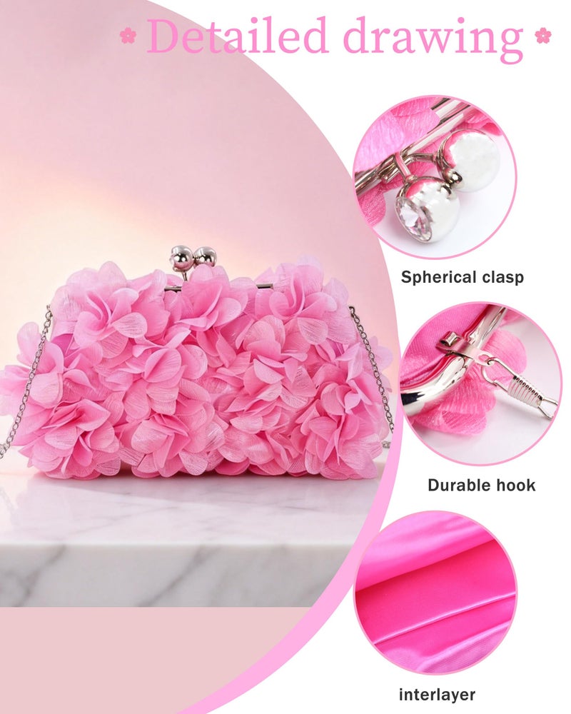 JAMBHALA Women Elegant Evening Purse, Small Floral Clutch Bag with Detachable Chain for Wedding, Party, Prom (HotPink) - Image 4