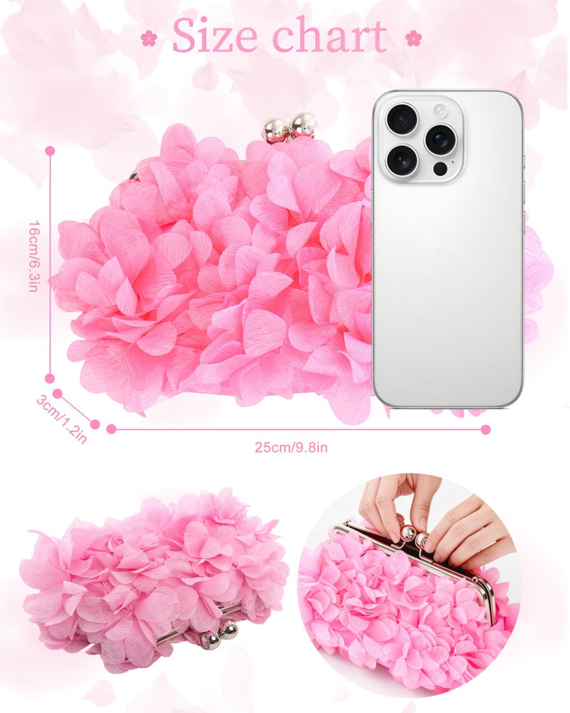 JAMBHALA Women Elegant Evening Purse, Small Floral Clutch Bag with Detachable Chain for Wedding, Party, Prom (HotPink) - Image 3