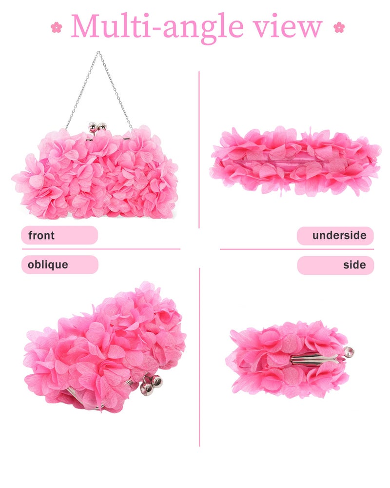 JAMBHALA Women Elegant Evening Purse, Small Floral Clutch Bag with Detachable Chain for Wedding, Party, Prom (HotPink) - Image 5