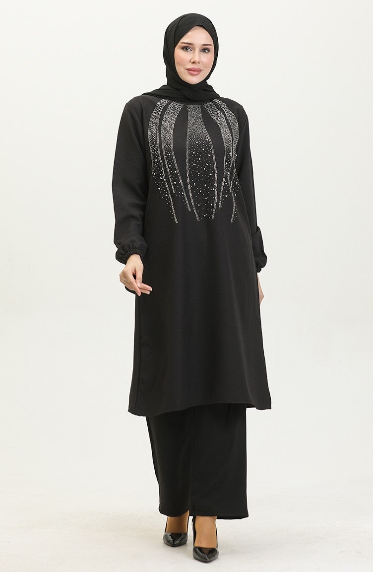 Sefa Merve Stone Printed Evening Dress Tunic Trousers Two Piece Set 0410-04 Black - Image 1