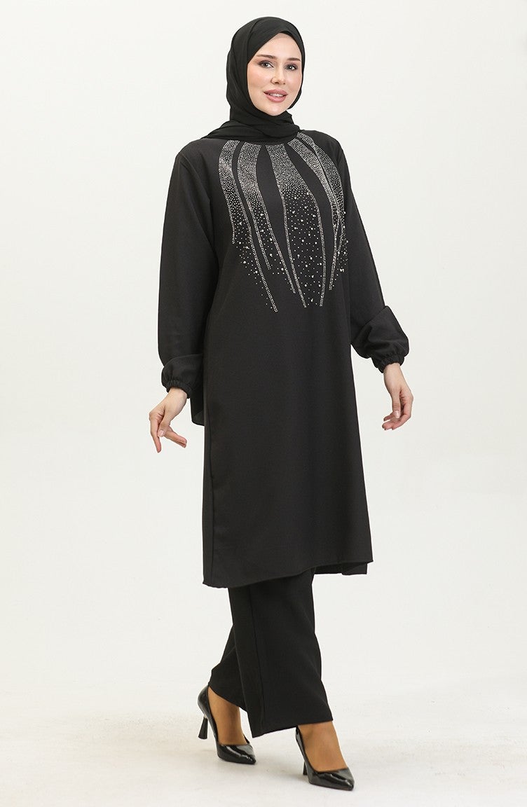 Sefa Merve Stone Printed Evening Dress Tunic Trousers Two Piece Set 0410-04 Black - Image 2