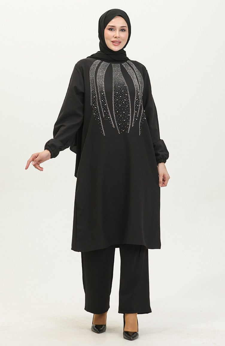 Sefa Merve Stone Printed Evening Dress Tunic Trousers Two Piece Set 0410-04 Black - Image 3