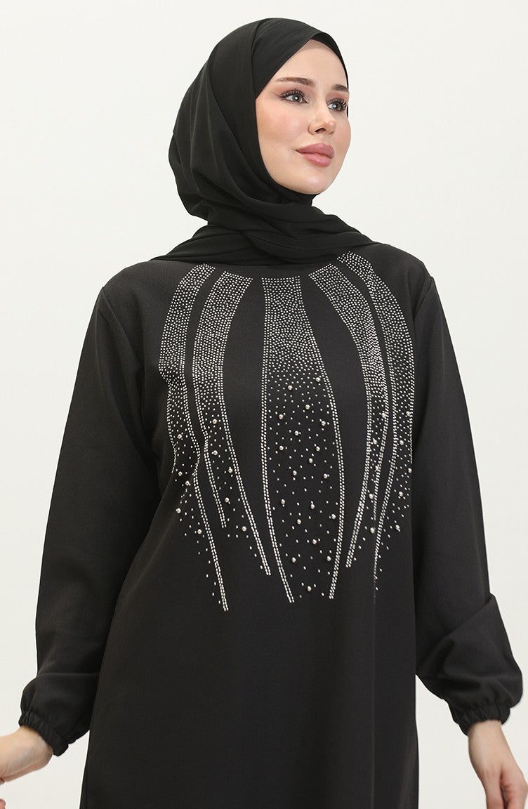 Sefa Merve Stone Printed Evening Dress Tunic Trousers Two Piece Set 0410-04 Black - Image 4