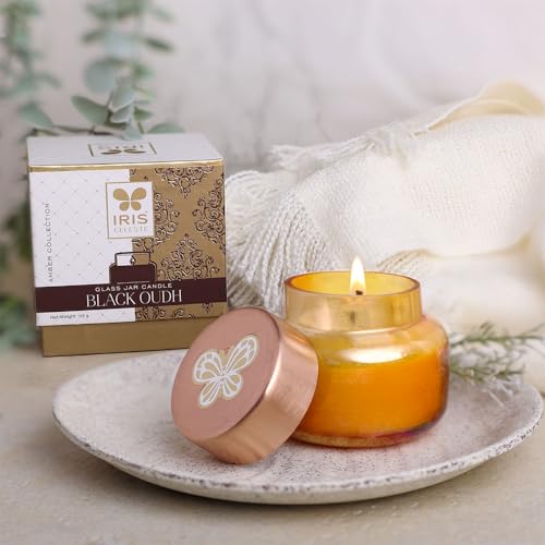 Iris Celeste Apothcary Jar Candle Fragrance Black Oudh,Madhina Star, 113g 4oz Amber Collection - Image 2