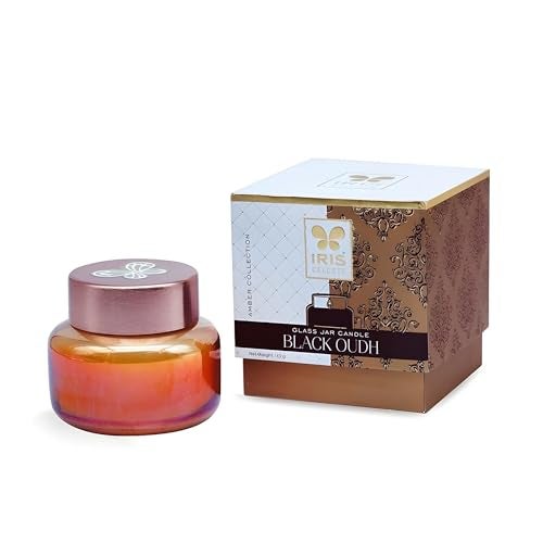 Iris Celeste Apothcary Jar Candle Fragrance Black Oudh,Madhina Star, 113g 4oz Amber Collection - Image 1