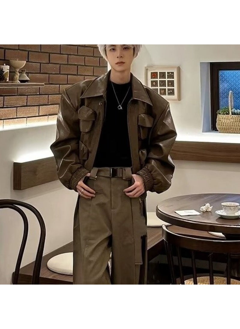 Generic - Dark Designer Style Short PU Leather Motorcycle Jacket Mens Functional Pocket 3D Effect High Waist Biker Coat Youth Fashion Brown - Image 1