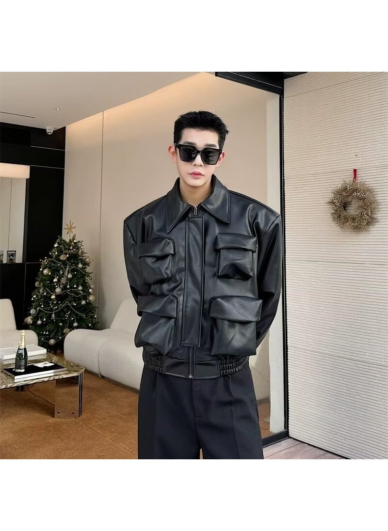 Generic - Dark Designer Style Short PU Leather Motorcycle Jacket Mens Functional Pocket 3D Effect High Waist Biker Coat Youth Fashion Brown - Image 1