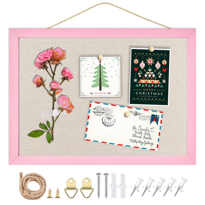 TORASO لوحة إعلانات من الكتان من TORASO، مقاس 10.2 بوصة × 14.3 بوصة، إطار خشبي وردي، كتان بيج، لوحة دبابيس صغيرة للديكور المنزلي والمطبخ والمكتب (PK-2636) - Image 1