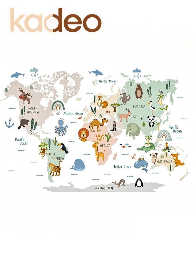kadeo Educational Kids Wall Sticker, World Map with Animals and Oceans, Nursery Playroom Wall Decals, Learn Continents and Wildlife, Interactive Peel and Stick Wallpaper, Removable Waterproof - Image 1