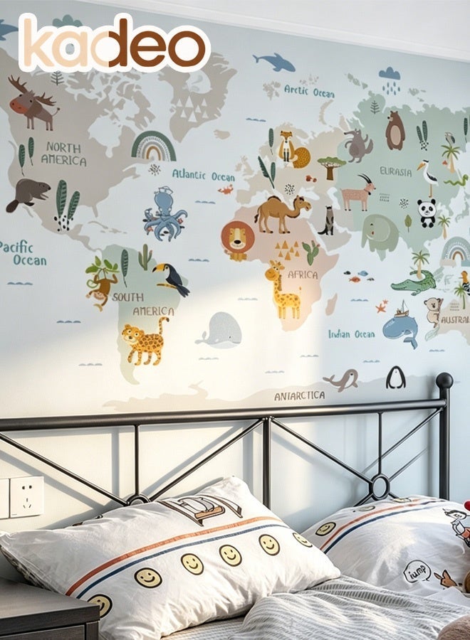 kadeo Educational Kids Wall Sticker, World Map with Animals and Oceans, Nursery Playroom Wall Decals, Learn Continents and Wildlife, Interactive Peel and Stick Wallpaper, Removable Waterproof - Image 2
