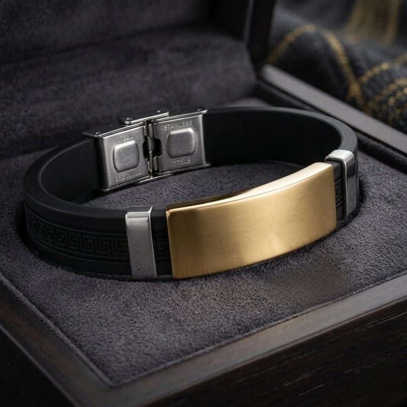 A luxurious, modern men's bracelet, combining black silicone with an artistic wire touch and a silver-colored stainless steel piece, a blend of strength and elegance for everyday wear. - Image 4
