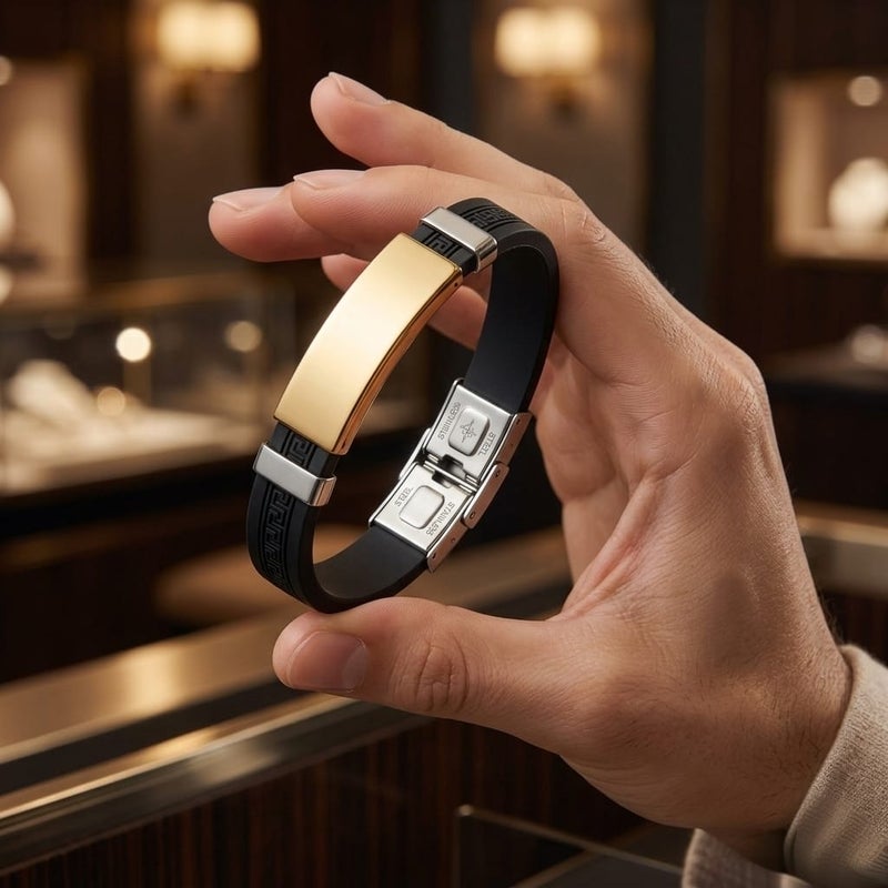 A luxurious, modern men's bracelet, combining black silicone with an artistic wire touch and a silver-colored stainless steel piece, a blend of strength and elegance for everyday wear. - Image 5