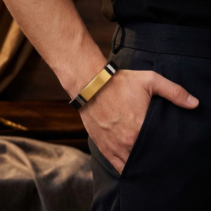 A luxurious, modern men's bracelet, combining black silicone with an artistic wire touch and a silver-colored stainless steel piece, a blend of strength and elegance for everyday wear. - Image 3