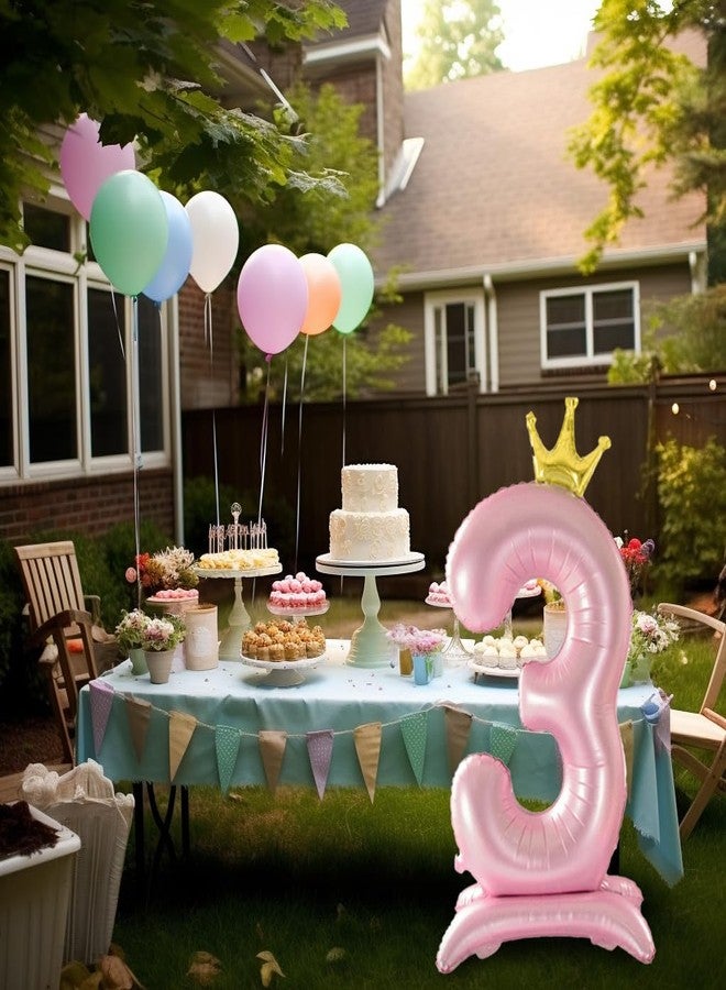 Eoopoon 42 Inch Crown Pink Number Balloon, Number 3 Balloon with Base for Girls 3nd Birthday Party Decoration, Anniversary Decor Theme Party Supplies (Pink 3) - Image 2